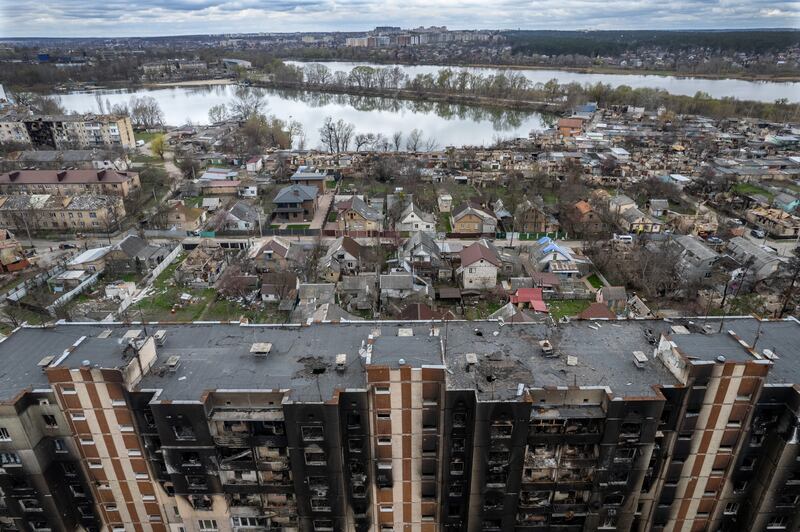 A burnt apartment tower in Irpin. Getty Images