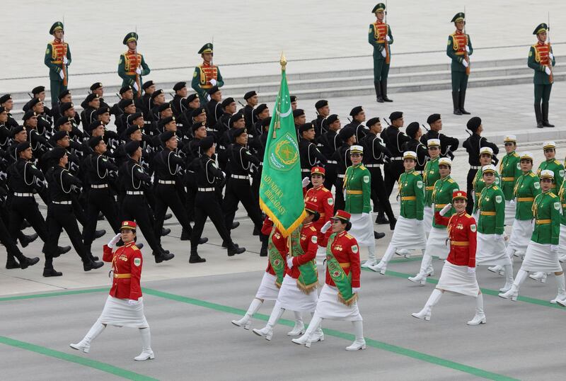 Troops march at a parade marking 30 years of Turkmenistan's independence.