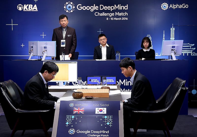 South Korean professional Go player Lee Se-dol, right, prepares for his match against Google's AI programme, AlphaGo, during the Google DeepMind challenge match in Seoul, 2016. Getty Images
