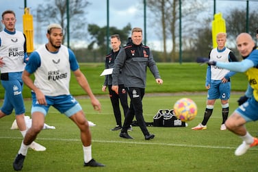 NEWCASTLE UPON TYNE, ENGLAND - NOVEMBER 09: Newcastle United Head Coach Eddie Howe takes his first training session at the Newcastle United Training Centre on November 09, 2021 in Newcastle upon Tyne, England. (Photo by Serena Taylor/Newcastle United via Getty Images)