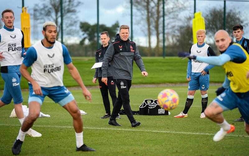 New Newcastle United coach Eddie Howe takes his first session at the club's training centre.