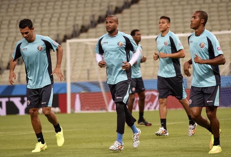 Costa Rica players during the team's training session at the Estadio Castelao stadium in Fortaleza, Brazil, 13 June 2014. Costa Rica will face Uruguay on 14 June in the  World Cup 2014. EPA/GEORGI LICOVSKI   EDITORIAL USE ONLY