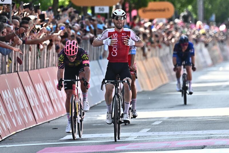 Frenchman Benjamin Thomas after crossing the line to win Stage 5 of the  Giro d'Italia, a race over 178km from Genova to Lucca. EPA