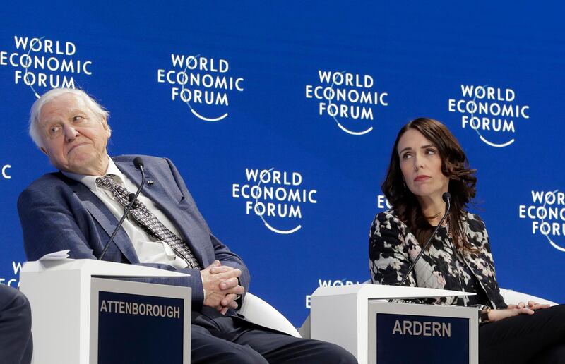 Sir David Attenborough on stage with Jacinda Ardern, Prime Minister of New Zealand. AP Photo