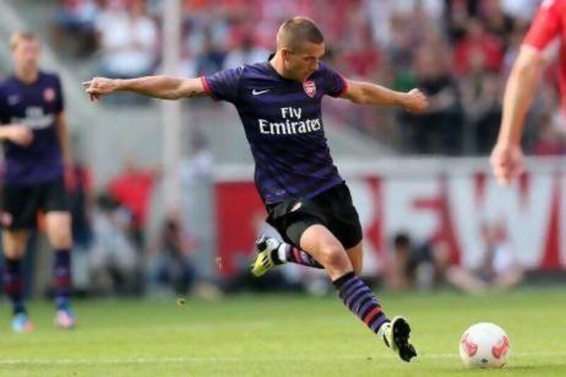 New Arsenal signing Lukas Podolski in action during their pre-season game against FC Cologne