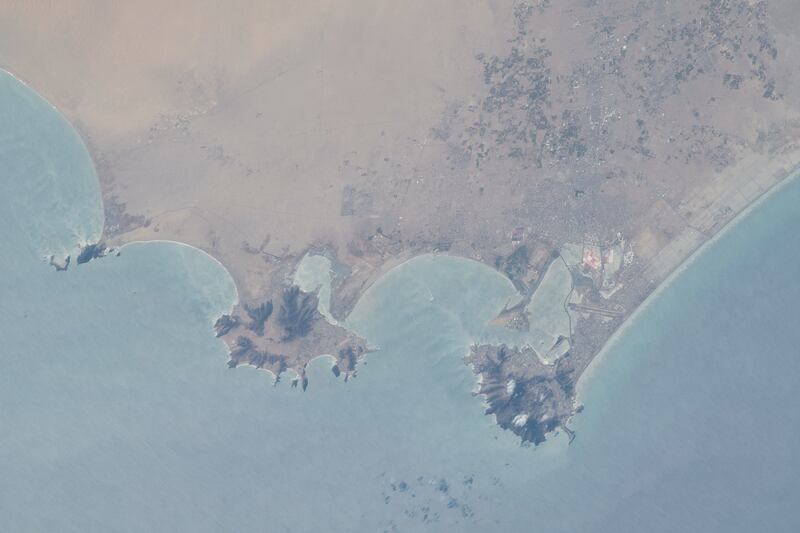 The Yemeni cities of Little Aden and Aden, on the coast of the Arabian Sea near the Red Sea, pictured by UAE astronaut Sultan Al Neyadi on April 19, 2023.