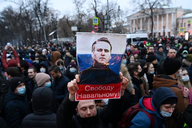 Protesters march in support of Mr Navalny in downtown Moscow, in 2021. AFP
