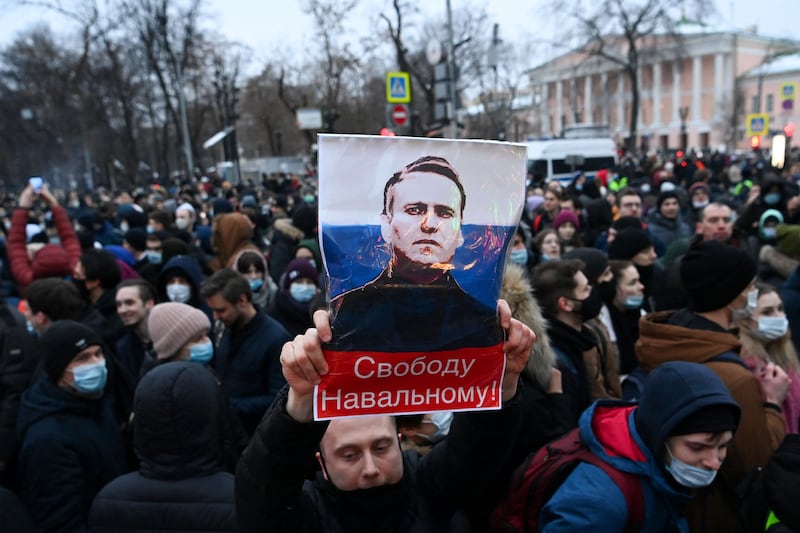 Protesters march in support of Mr Navalny in downtown Moscow, in 2021. AFP