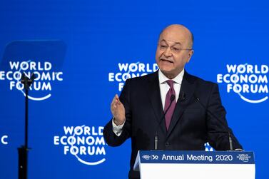 Barham Salih speaks during the 50th annual meeting of the World Economic Forum, WEF. AP