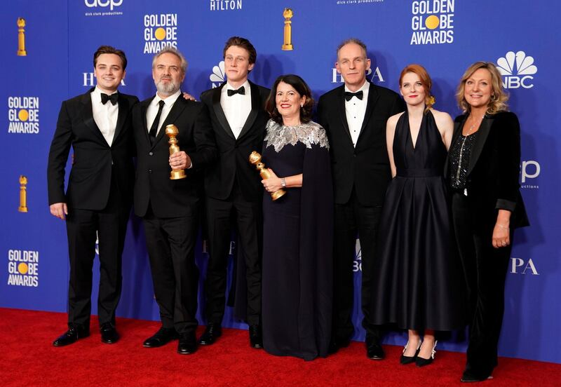 The cast of '1917' pose with their Best Motion Picture - Drama award, during the 77th annual Golden Globe Awards on January 5, 2020, at The Beverly Hilton hotel in Beverly Hills, California. Reuters