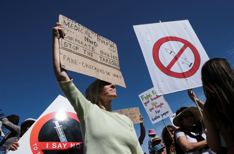 Anti-vaccine protestors in Cape Town, South Africa. Social media has been accused of allowing conspiracy theories to take hold. Photo: Reuters