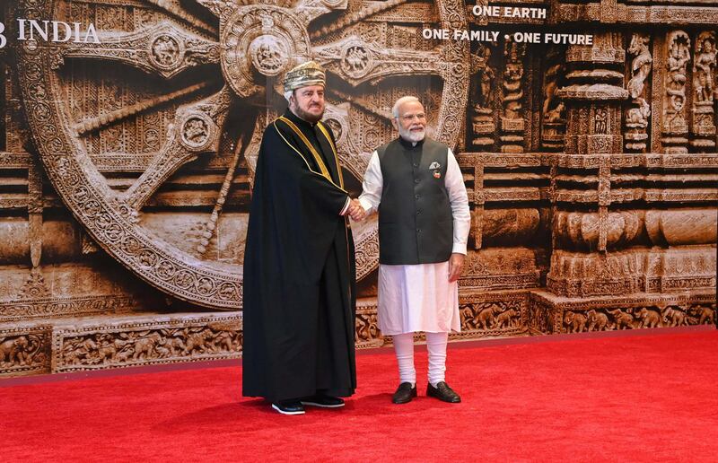 India's Prime Minister Narendra Modi welcomes Oman's Deputy Prime Minister Sayyid Asaad bin Tariq. Oman News Agency