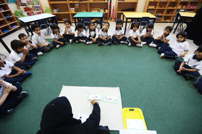 Arabic classes at Al Bashair Private School where the teachers have developed methods and activities to make the classes more appealing and interesting, so as to give Emirati children a better knowledge of and pride in their mother tongue. Fatima Al Marzooqi / The National 