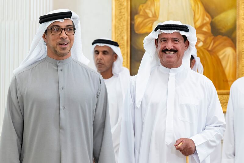 Sheikh Mansour bin Zayed, Vice President, Deputy Prime Minister and Chairman of the Presidential Court, with Sheikh Sultan bin Hamdan bin Mohamed, Adviser to the President and Chairman of the Camel Racing Federation.