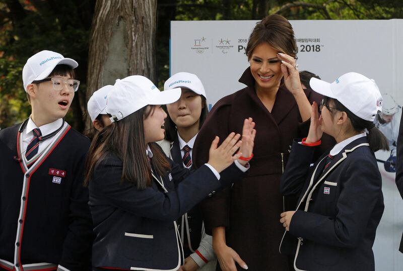 US First Lady Melania Trump talks to South Korean middle school students during the 'Girls Play 2!' Initiative, an Olympic public diplomacy outreach campaign, at the US Ambassador's Residence in Seoul, South Korea. Ahn Young-Joon / EPA