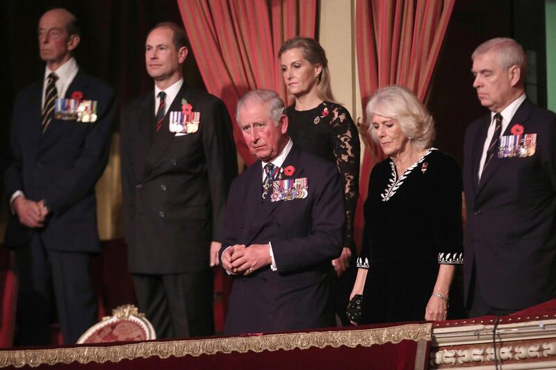 Britain's Prince Edward, Earl of Wessex, Sophie, Countess of Wessex, Prince Charles, Prince of Wales and Camilla, Duchess of Cornwall and Prince Andrew, Duke of York attend the Royal British Legion Festival of Remembrance. Chris Jackson / Pool Photo via AP