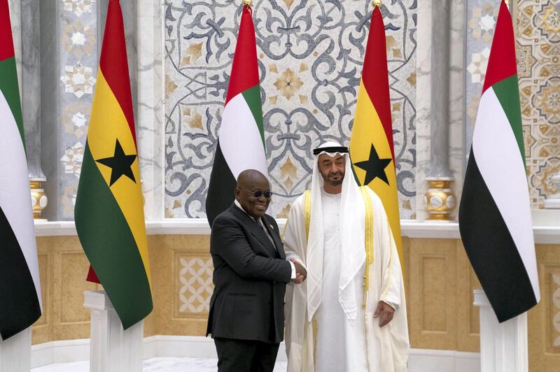 Sheikh Mohamed bin Zayed, Crown Prince of Abu Dhabi and Deputy Supreme Commander of the UAE Armed Forces, receives President Nana Akufo-Addo of Ghana at Qasr Al Watan on Monday. Courtesy Ministry of Presidential Affairs