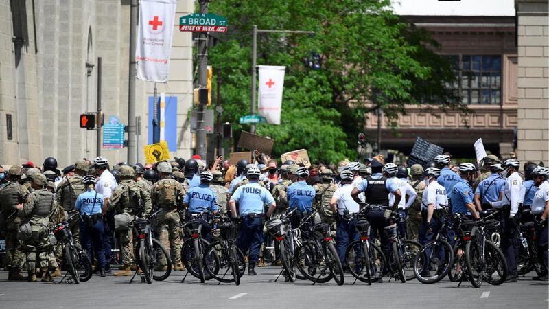 National Guard members assist the Philadelphia Police Department in controlling the area near City Hall and the Municipal Services Building during a march by protesters against the death in Minneapolis police custody of George Floyd, in Philadelphia, Pennsylvania. Reuters