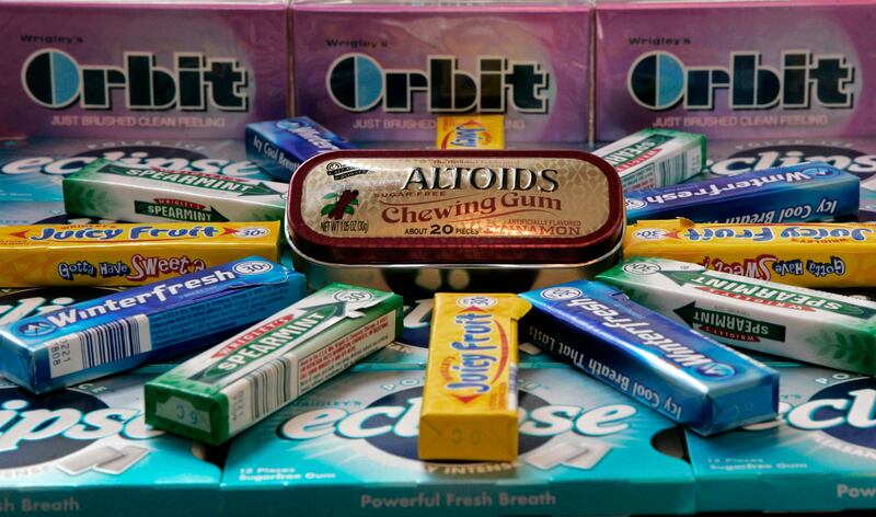Some of Wrigley's top-selling gum brands are displayed Monday, March 20, 2006, in Chicago. Wm. Wrigley Jr. Co., the world's largest chewing-gum manufacturer, reported a 15 percent decline in first-quarter earnings Tuesday as a result of restructuring charges and costs to expense stock-based compensation. (AP Photo/Brian Kersey)