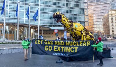 A statue installed by Greenpeace activists outside the European Commission headquarters in Brussels to oppose the use of gas and nuclear power. Photo: EPA 