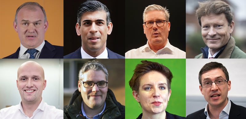 Party leaders in the UK general election campaign. Top, left to right: the Liberal Democrats' Ed Davey, the Conservatives' Rishi Sunak, Labour's Keir Starmer, Richard Tice of Reform UK. Bottom row, left to right: Stephen Flynn, the Scottish Nationalist Party's Westminster leader, the Democratic Unionist Party's Gavin Robinson, Green Party co-leaders Carla Denyer and Adrian Ramsay. PA