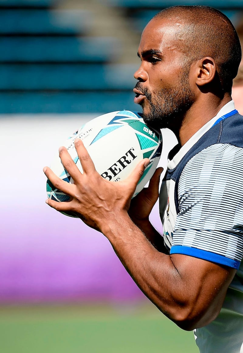 Italy's Maxime Mbanda attends a training session in Sakai ahead of the Japan 2019 Rugby World Cup. AFP
