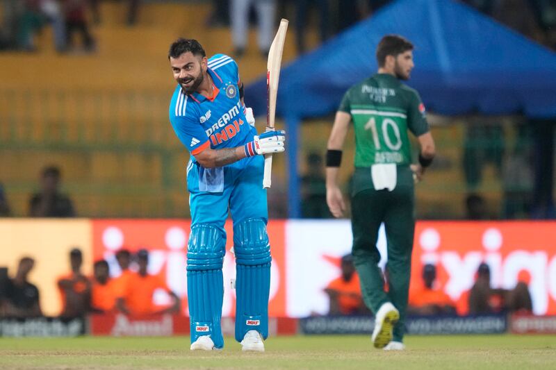 India's Virat Kohli celebrates his century during the Asia Cup Super Four match against Pakistan in Colombo on Monday, September 11, 2023. AP