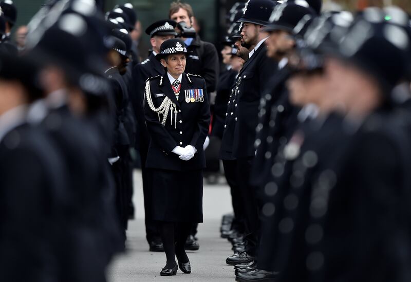 London's Metropolitan Police Commissioner Cressida Dick, inspects new recruits at a passing-out parade at the Metropolitan Police Academy. Getty Images