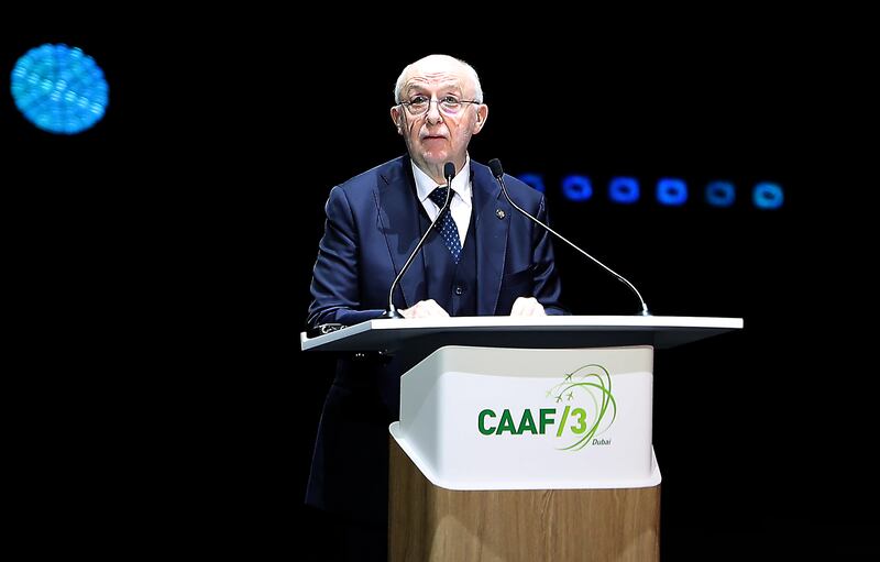 Salvatore Sciacchitano, president of the ICAO Council, speaks during the opening ceremony of the CAAF/3 gathering held in Dubai. Pawan Singh / The National