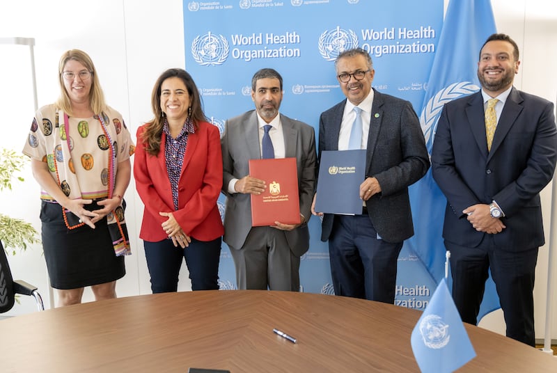 Among those at the signing of the aid agreement were Sultan Al Shamsi, Assistant Minister for International Development Affairs in the Ministry of Foreign Affairs, WHO Director General Dr Tedros Adhanom Ghebreyesus and Lana Nusseibeh, Assistant Minister of Foreign Affairs for Political Affairs, at the WHO headquarters in Geneva. Wam