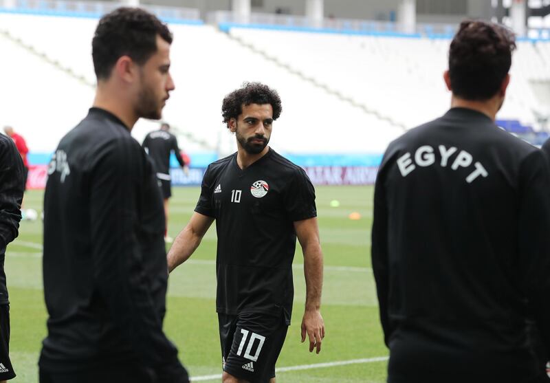 Egypt's Mohamed Salah trains with his team at the Volgograd Arena in Volgograd on June 24, on the eve of their World Cup Group A match against Saudi Arabia. AFP