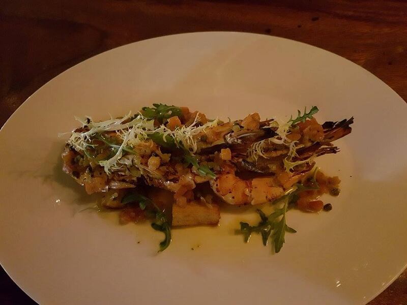 Flamed Jumbo Prawns at The Rib Room.