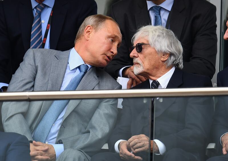 Russian President Vladimir Putin and Bernie Ecclestone at the Russian Grand Prix in Sochi in 2018. Getty