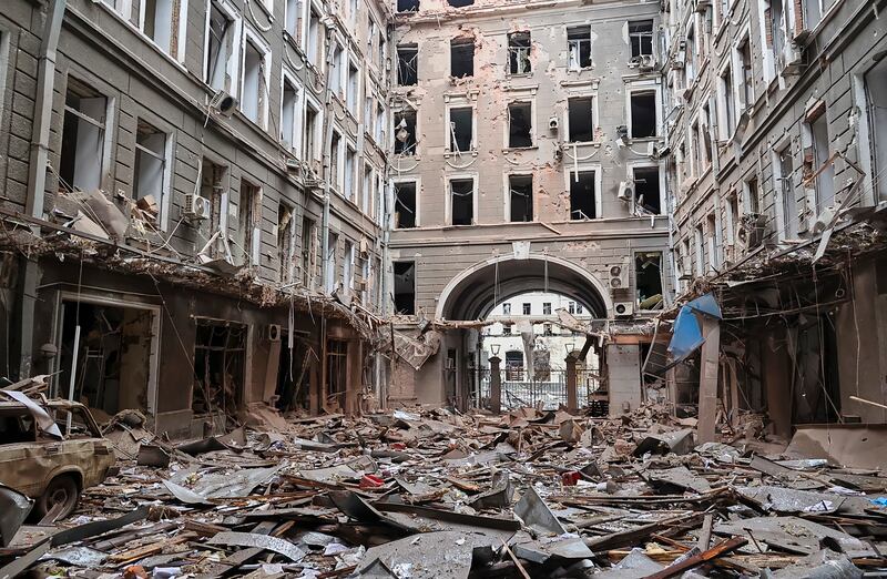 Damage after the shelling of buildings in central Kharkiv, Ukraine. EPA