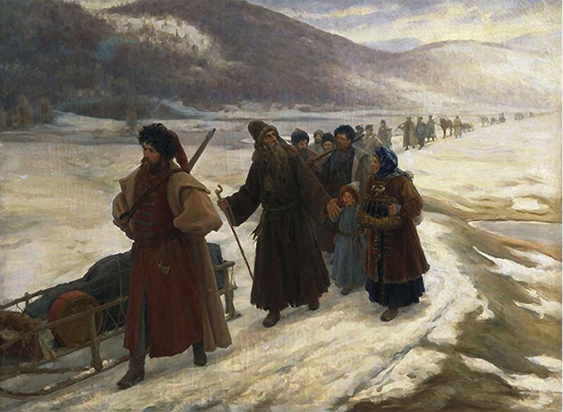 The Road to Siberia by Sergei Dmitrievich Miloradovich (1851-1943) depicts the banishment of political exiles and criminals, with their families, to the hostile frozen wastelands east of the Ural Mountains. 