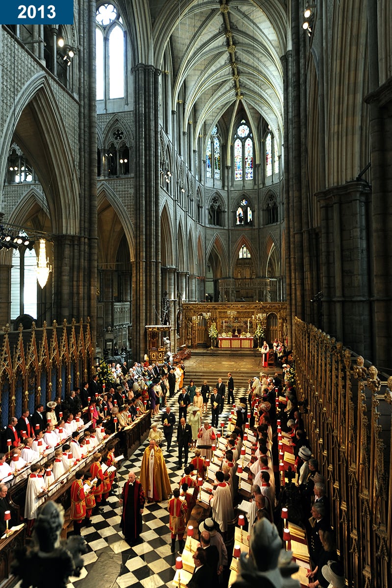 2013: The queen and other members of the royal family leave Westminster Abbey in London, after the service to celebrate the 60th anniversary of the coronation of the queen there.