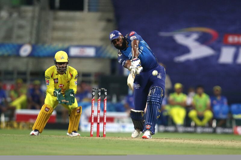 Kieron Pollard of The Mumbai Indians plays a shot during match 1 of season 13 of the Dream 11 Indian Premier League (IPL) between the Mumbai Indians and the Chennai Superkings held at the Sheikh Zayed Stadium, Abu Dhabi  in the United Arab Emirates on the 19th September 2020.  Photo by: Pankaj Nangia /  Sportzpics for BCCI