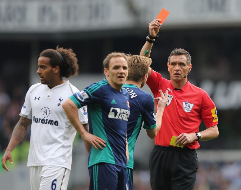 LONDON, ENGLAND - MAY 19:  David Vaughan of Sunderland is sent off during the Barclays Premier League match between Tottenham Hotspur and Sunderland at White Hart Lane on May 19, 2013 in London, England.  (Photo by Ian Walton/Getty Images) *** Local Caption ***  169056826.jpg