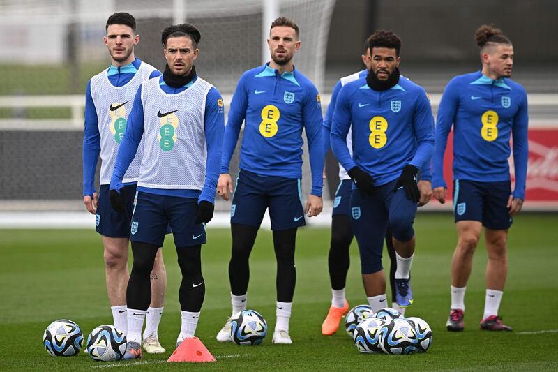 Left to right: England's Declan Rice, Jack Grealish, Jordan Henderson, Reece James and Kalvin Phillips. AFP