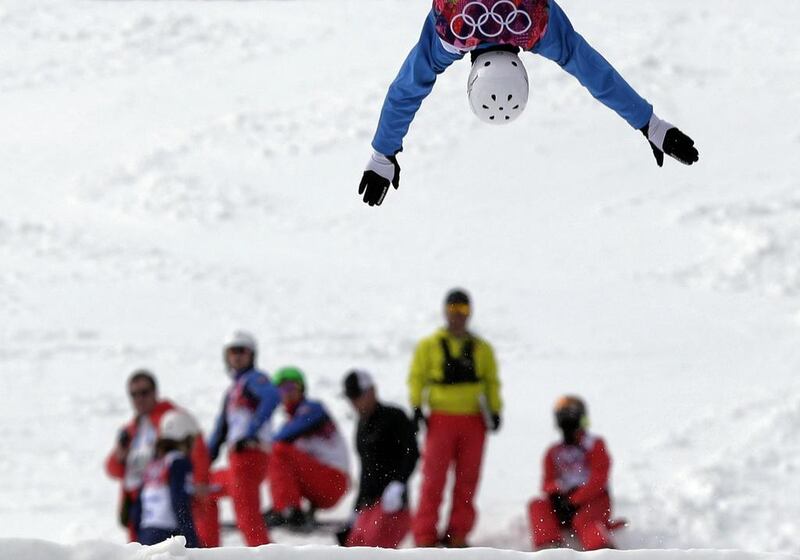 Anton Kushnir of Belarus jumps during freestyle skiing aerials training at the Rosa Khutor Extreme Park at the 2014 Winter Olympic in Krasnaya Polyana on Monday. Andy Wong / AP