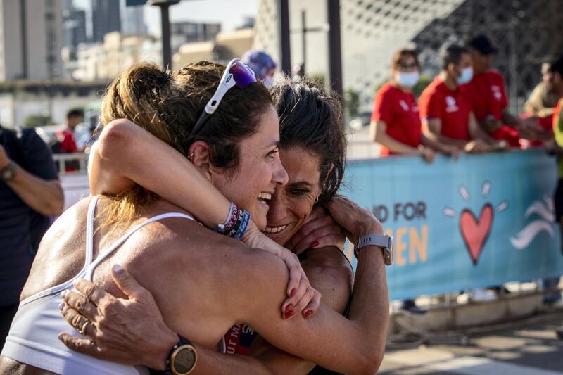 Chirine and Nesrine Njeim celebrate coming first and second, respectively in the Beirut Marathon Association's 10K Women's Race on Sunday May 23 in Beirut, Lebanon (Matt Kynaston).