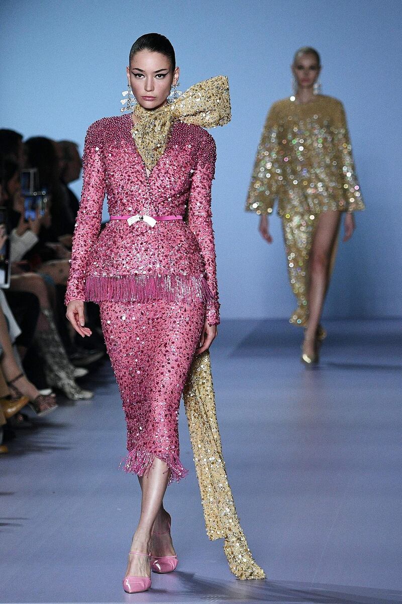 A look from the Georges Hobeika spring / summer 2020 show at Paris Haute Couture Fashion Week on January 20, 2020. AFP