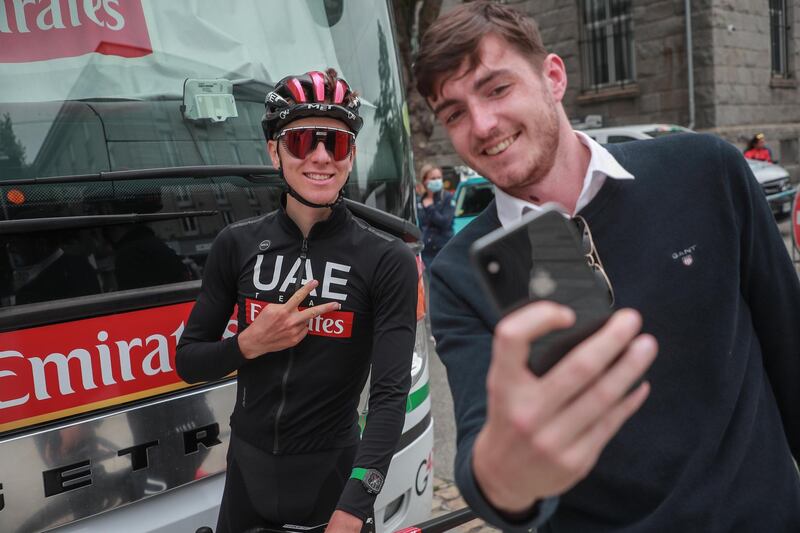 Slovenian rider Tadej Pogacar poses for a photograph. EPA