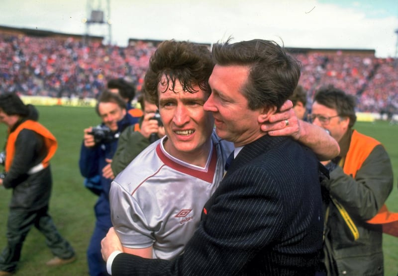 1978 - 1986 - Enjoys a successful period as manager of Aberdeen, winning the league three times, the Scottish Cup four times, the European Cup Winners' Cup, and the European Super Cup. Seen here celebrating a 3-0 victory in the 1986 Scottish Cup final. Allsport UK