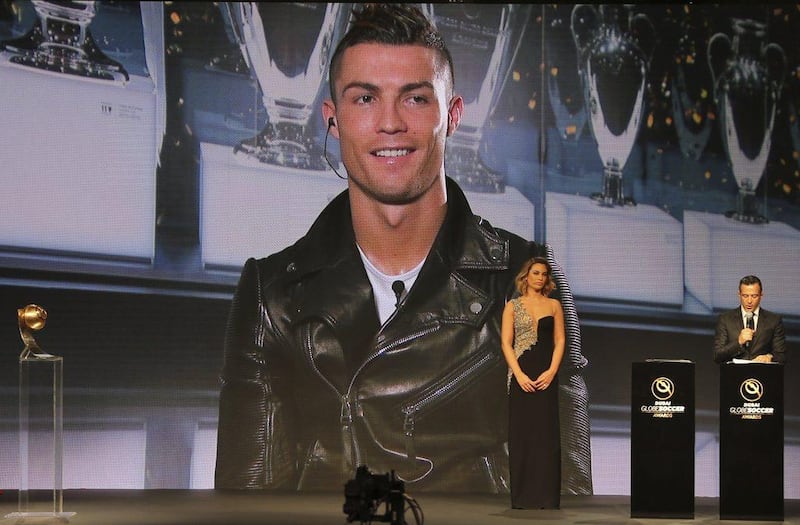 Cristiano Ronaldo speaks, via a video link live from Madrid after he was selected as the Best Player of the Year, during Dubai Football Gala & Globe Soccer Awards Ceremony in Dubai on December 27, 2016. Kamran Jebreili / AP