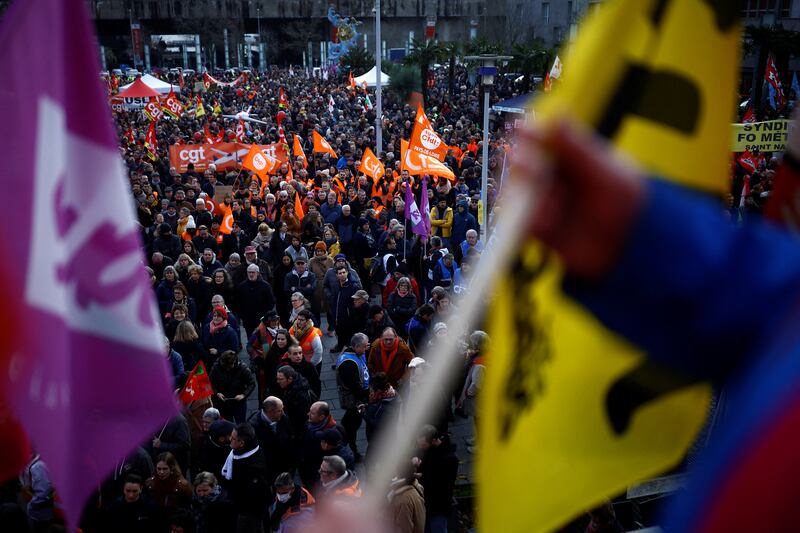 French workers on strike during a demonstration in Saint-Nazaire. Reuters