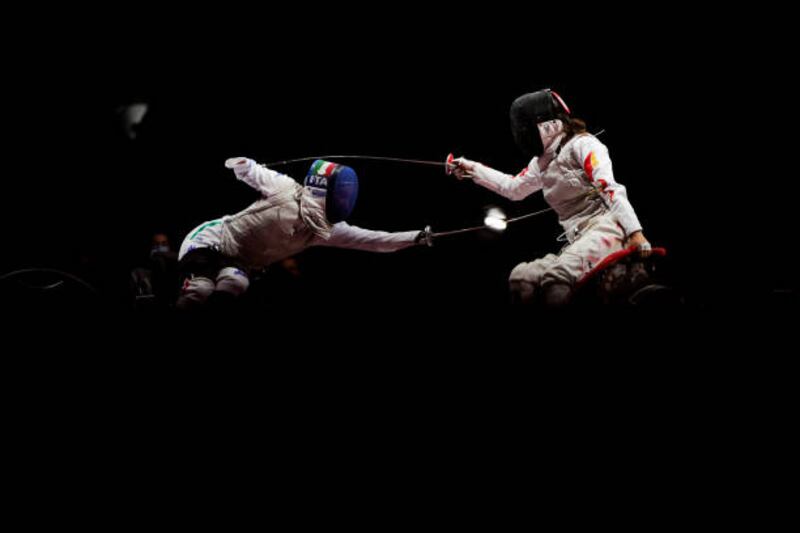 Italy's Beatrice Vio competes against Zhou Jingjing of China during the women's team foil gold medal match at Makuhari Messe during the Tokyo Paralympic Games on Sunday, August 29. Getty