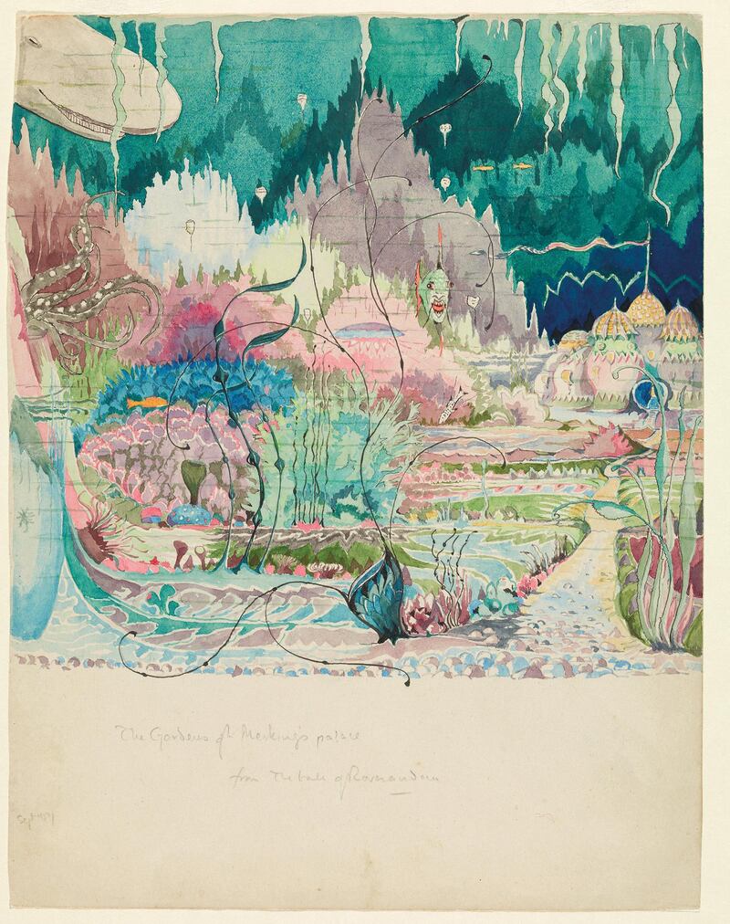 The Gardens of the Merking's palace, an illustration that Tolkien completed for Roverandom, a bedtime story that Tolkien originally told to his children in 1925 about the adventures of a young dog