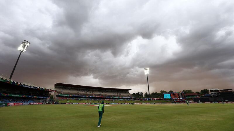 Storm clouds gather over the field during the UAE's Under 19 World Cup game against South Africa. Courtesy ICC