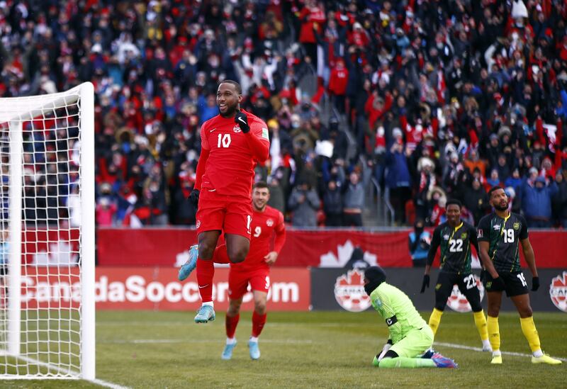 Junior Hoilett celebrates after scoring Canada's third goal against Jamaica. Getty